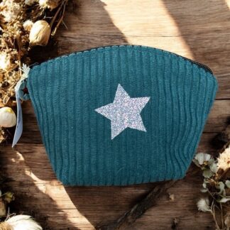 Porte-monnaie en velours côtelé bleu canard – création artisanale française P’tite Poulette