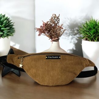 Sac banane en velours côtelé tabac – création artisanale française P’tite Poulette