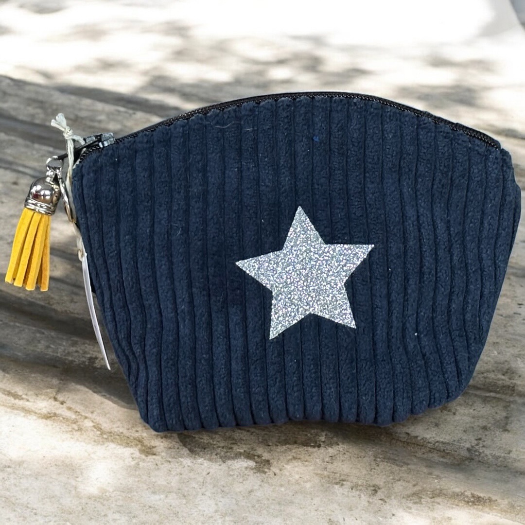 Porte-monnaie en velours côtelé bleu marine – création artisanale française P’tite Poulette