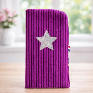 Étui à lunettes velours côtelé violet avec étoile scintillante création artisanale française