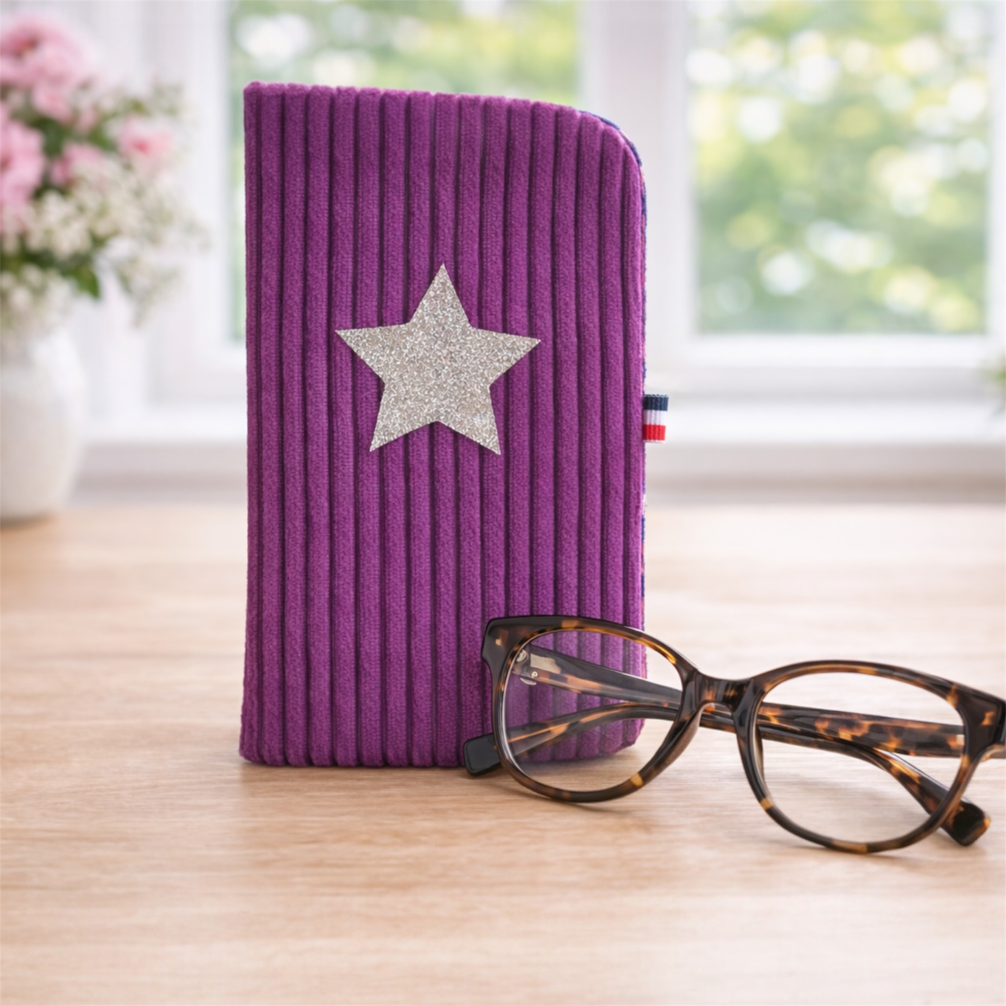 Étui à lunettes velours côtelé violet avec étoile scintillante création artisanale française