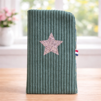 Étui à lunettes velours côtelé vert d’eau avec étoile scintillante création artisanale française