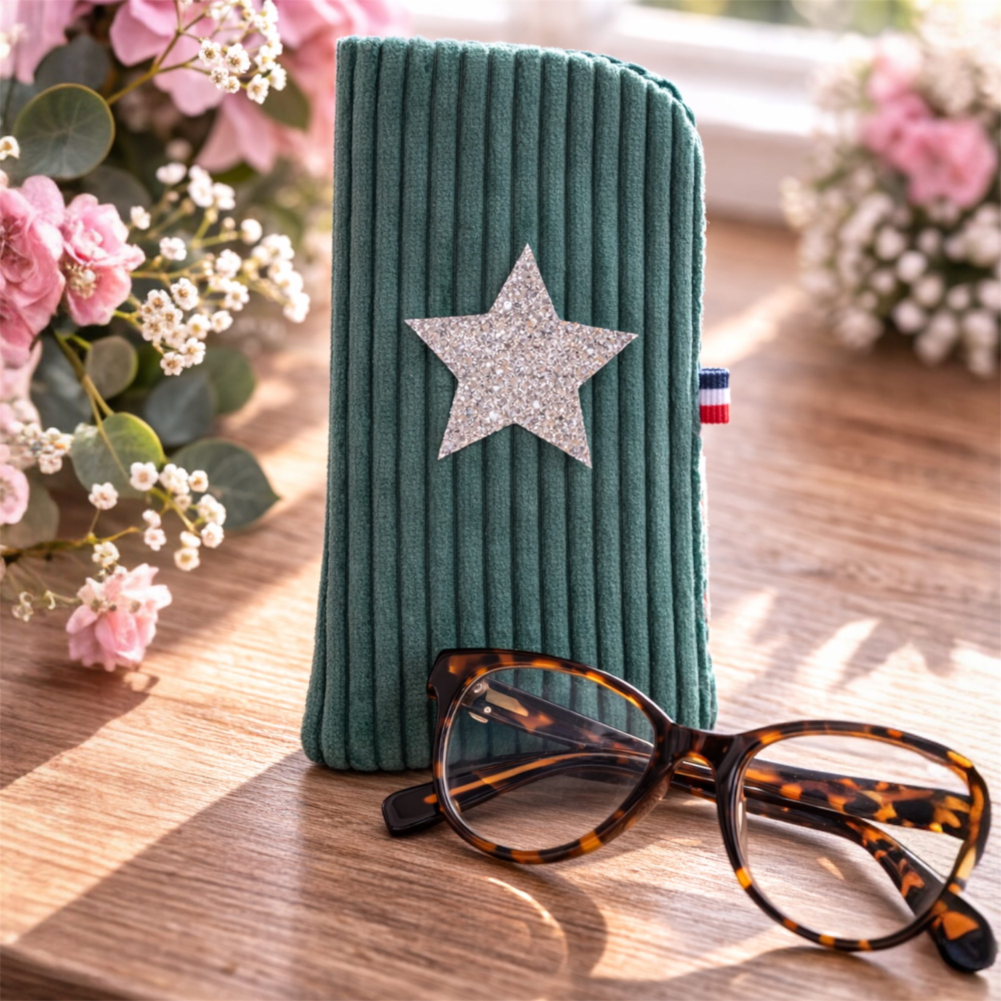 Étui lunettes velours côtelé vert d’eau fait main avec étoile