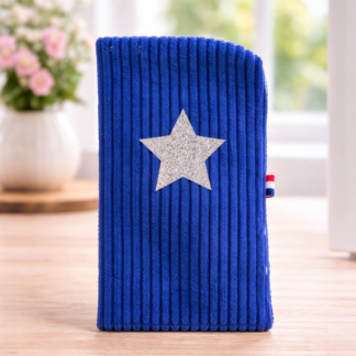 Étui à lunettes velours côtelé bleu roi avec étoile scintillante création artisanale française